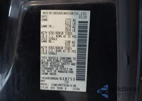 2010 Nissan Pathfinder Le z USA, uszkodzony, nr VIN 5N1AR1NB6AC618753